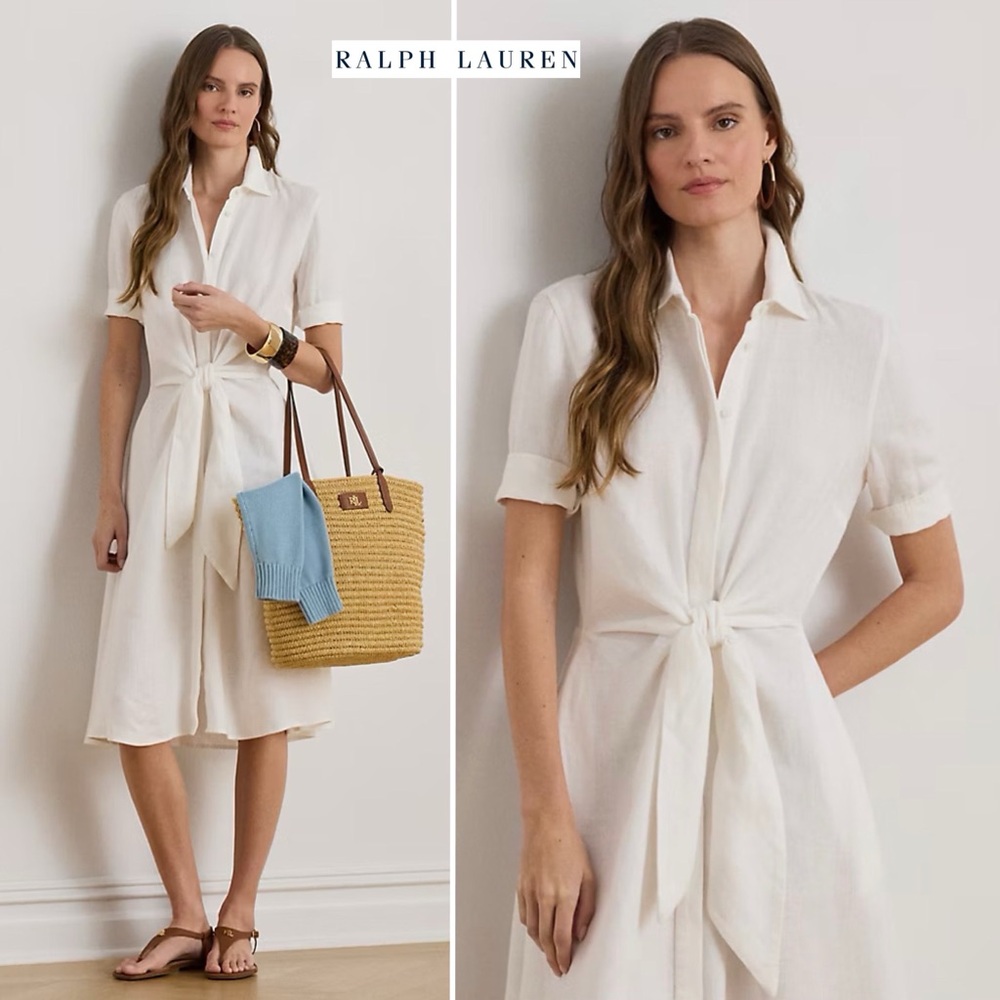Ralph Lauren Tie-Front Linen Midi Shirtdress White Size 6 Classic Preppy Modest